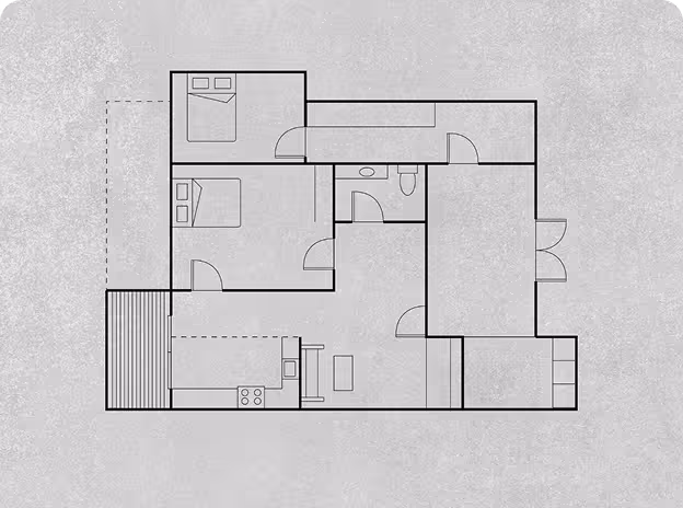 Floor plan of house, showing measurements and doors.